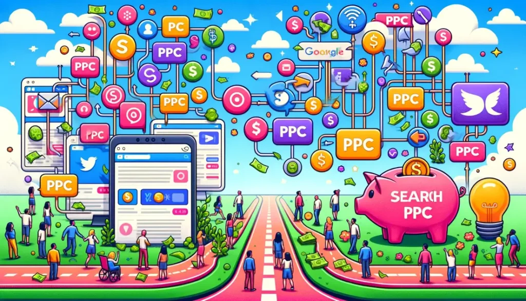 Image illustration comparing Social Media PPC (Pay Per Click) versus Search PPC